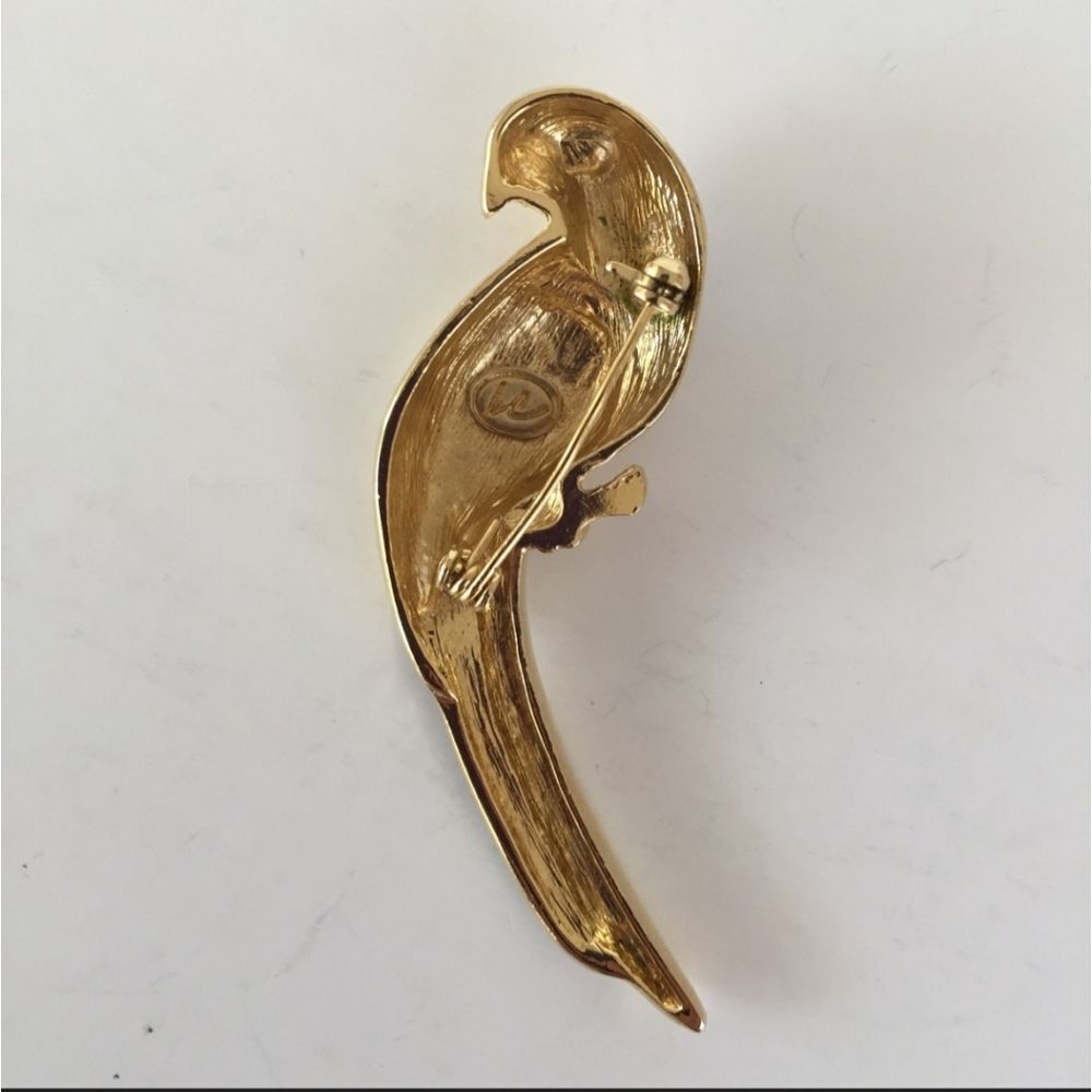 Vtg Liz Claiborne Brooch Gold Tone Rhinestone Yellow Green Enamel Bird 2.6" EUC - Picture 5 of 7